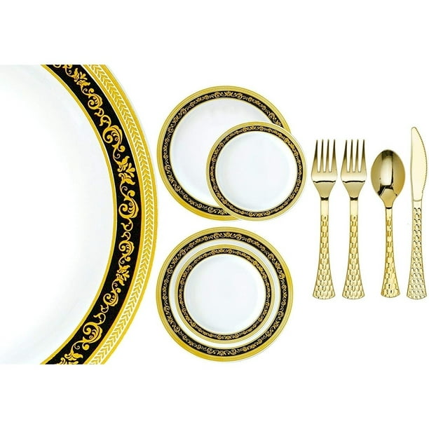 White w/Black Gold Royal Border China-like Plastic Plates Cutlery Set 500 Pieces
